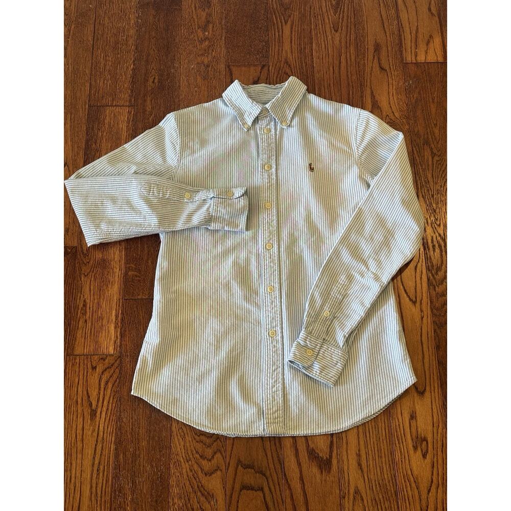 Lauren Ralph Lauren Blue and White Striped Button-Up Blouse - Picture 6 of 16